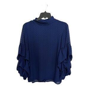 H&M Wide Plumetti Blouse Royal Blue Polkka Dot Button Back Long Sleeve Size 6